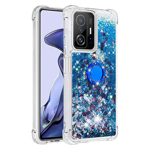 Silikon Hülle Handyhülle Gummi Schutzhülle Flexible Tasche Bling-Bling mit Fingerring Ständer S01 für Xiaomi Mi 11T Pro 5G Blau