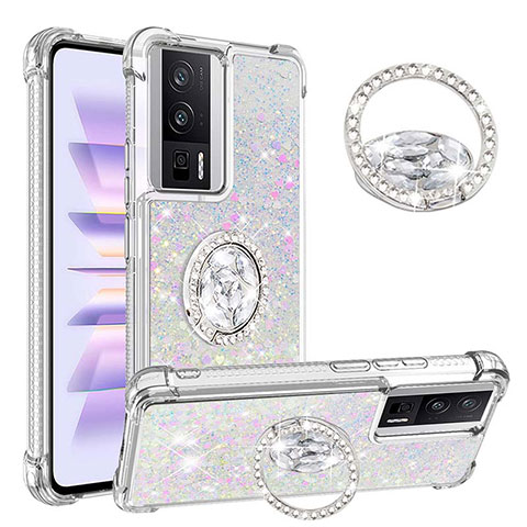 Silikon Hülle Handyhülle Gummi Schutzhülle Flexible Tasche Bling-Bling mit Fingerring Ständer S01 für Xiaomi Poco F5 Pro 5G Silber