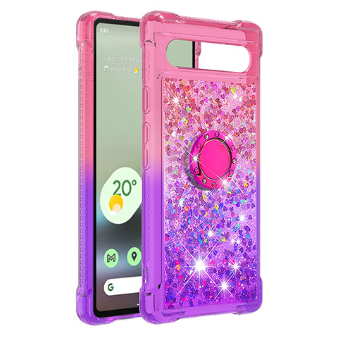 Silikon Hülle Handyhülle Gummi Schutzhülle Flexible Tasche Bling-Bling mit Fingerring Ständer S02 für Google Pixel 7a 5G Pink