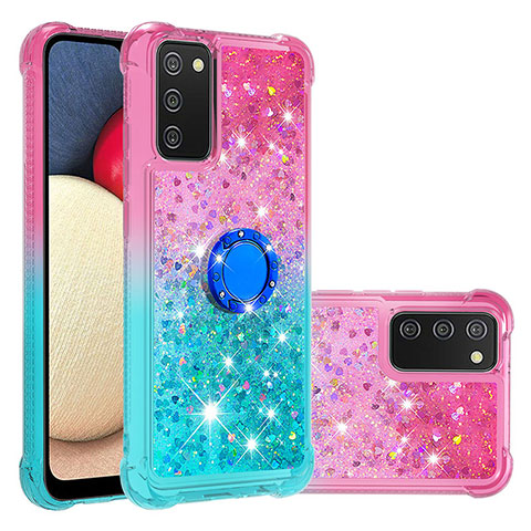 Silikon Hülle Handyhülle Gummi Schutzhülle Flexible Tasche Bling-Bling mit Fingerring Ständer S02 für Samsung Galaxy A02s Rosa