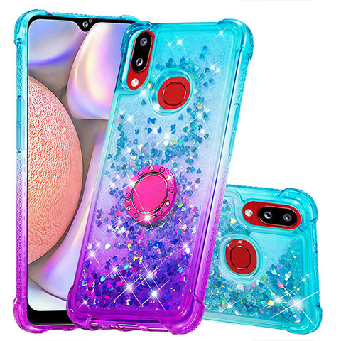 Silikon Hülle Handyhülle Gummi Schutzhülle Flexible Tasche Bling-Bling mit Fingerring Ständer S02 für Samsung Galaxy A10s Hellblau