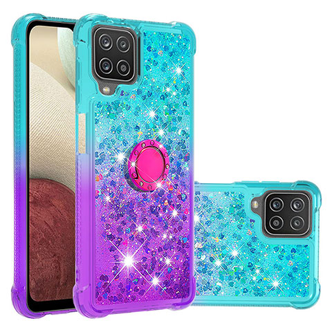 Silikon Hülle Handyhülle Gummi Schutzhülle Flexible Tasche Bling-Bling mit Fingerring Ständer S02 für Samsung Galaxy A12 Hellblau