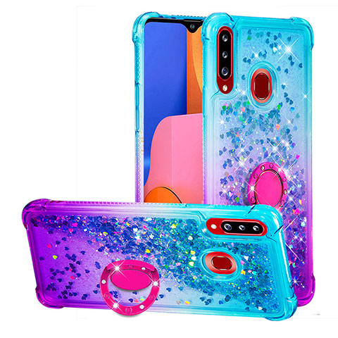 Silikon Hülle Handyhülle Gummi Schutzhülle Flexible Tasche Bling-Bling mit Fingerring Ständer S02 für Samsung Galaxy A20s Hellblau