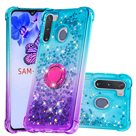 Silikon Hülle Handyhülle Gummi Schutzhülle Flexible Tasche Bling-Bling mit Fingerring Ständer S02 für Samsung Galaxy A21 European Hellblau