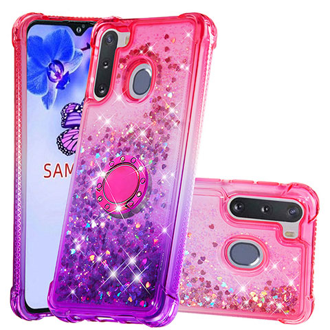 Silikon Hülle Handyhülle Gummi Schutzhülle Flexible Tasche Bling-Bling mit Fingerring Ständer S02 für Samsung Galaxy A21 European Pink