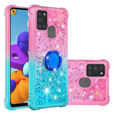 Silikon Hülle Handyhülle Gummi Schutzhülle Flexible Tasche Bling-Bling mit Fingerring Ständer S02 für Samsung Galaxy A21s Rosa