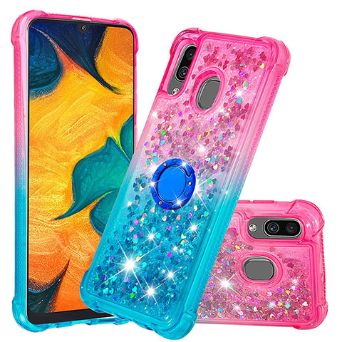 Silikon Hülle Handyhülle Gummi Schutzhülle Flexible Tasche Bling-Bling mit Fingerring Ständer S02 für Samsung Galaxy A30 Rosa