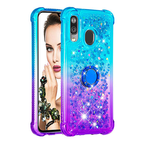 Silikon Hülle Handyhülle Gummi Schutzhülle Flexible Tasche Bling-Bling mit Fingerring Ständer S02 für Samsung Galaxy A40 Hellblau