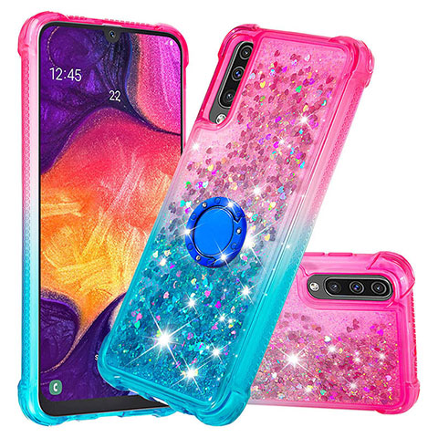 Silikon Hülle Handyhülle Gummi Schutzhülle Flexible Tasche Bling-Bling mit Fingerring Ständer S02 für Samsung Galaxy A50 Rosa