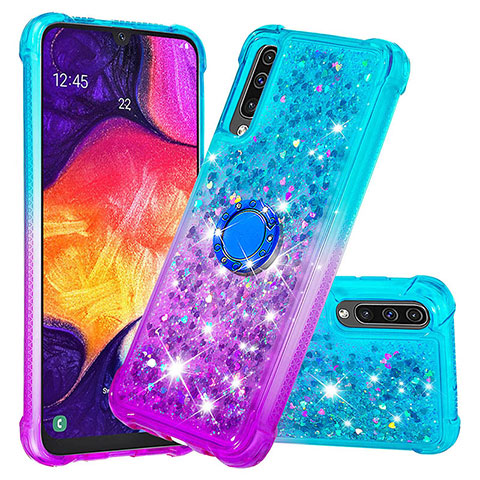 Silikon Hülle Handyhülle Gummi Schutzhülle Flexible Tasche Bling-Bling mit Fingerring Ständer S02 für Samsung Galaxy A50S Hellblau