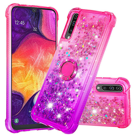 Silikon Hülle Handyhülle Gummi Schutzhülle Flexible Tasche Bling-Bling mit Fingerring Ständer S02 für Samsung Galaxy A50S Pink