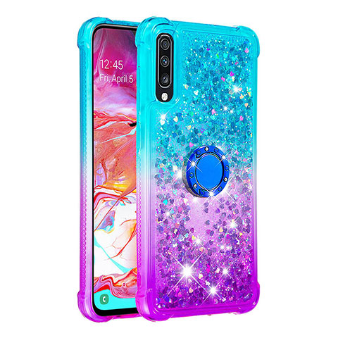 Silikon Hülle Handyhülle Gummi Schutzhülle Flexible Tasche Bling-Bling mit Fingerring Ständer S02 für Samsung Galaxy A70S Hellblau