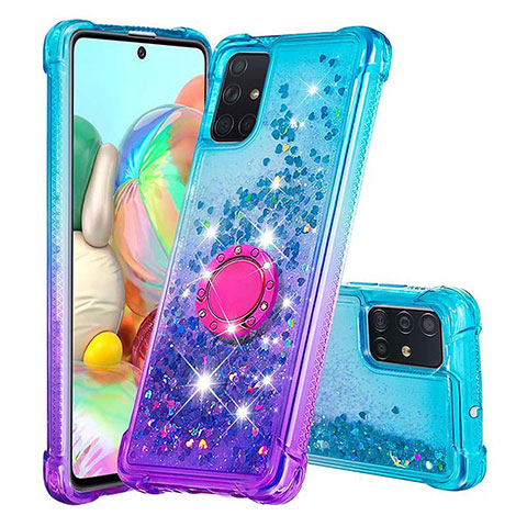 Silikon Hülle Handyhülle Gummi Schutzhülle Flexible Tasche Bling-Bling mit Fingerring Ständer S02 für Samsung Galaxy A71 4G A715 Hellblau