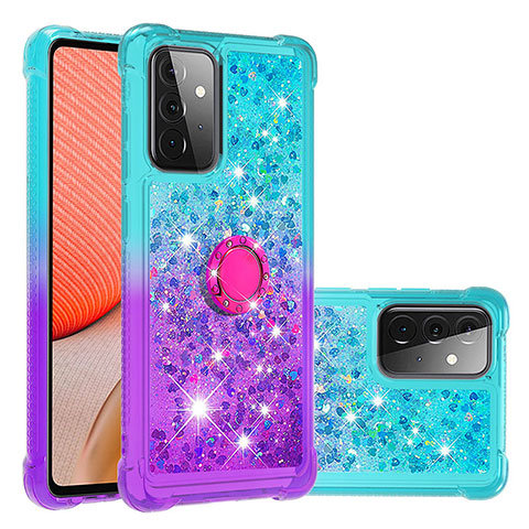 Silikon Hülle Handyhülle Gummi Schutzhülle Flexible Tasche Bling-Bling mit Fingerring Ständer S02 für Samsung Galaxy A72 4G Hellblau