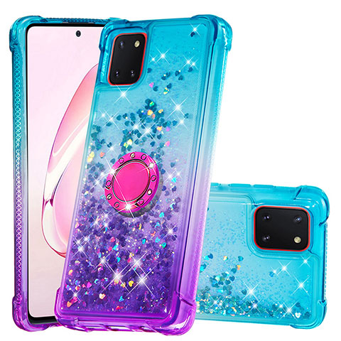 Silikon Hülle Handyhülle Gummi Schutzhülle Flexible Tasche Bling-Bling mit Fingerring Ständer S02 für Samsung Galaxy A81 Hellblau