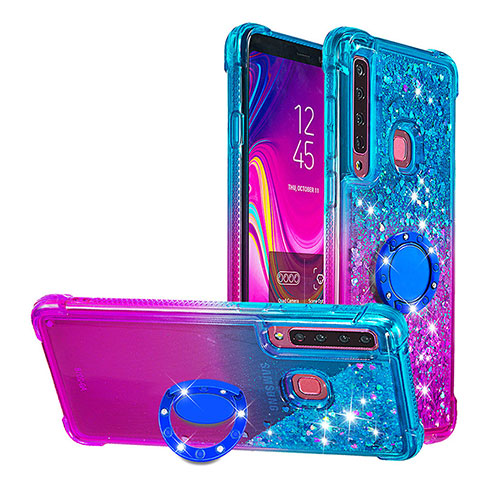 Silikon Hülle Handyhülle Gummi Schutzhülle Flexible Tasche Bling-Bling mit Fingerring Ständer S02 für Samsung Galaxy A9 (2018) A920 Hellblau