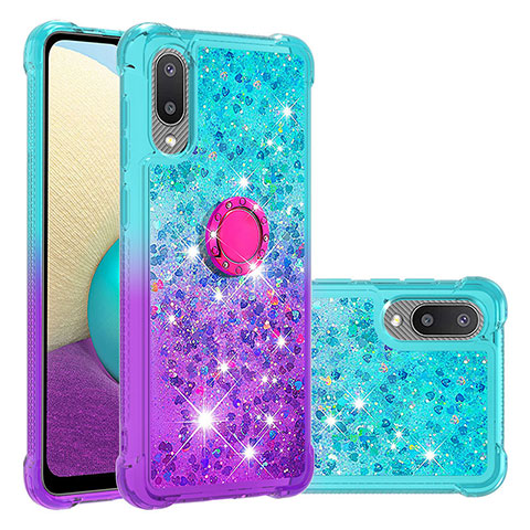 Silikon Hülle Handyhülle Gummi Schutzhülle Flexible Tasche Bling-Bling mit Fingerring Ständer S02 für Samsung Galaxy M02 Hellblau