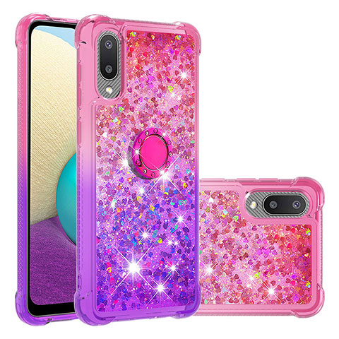 Silikon Hülle Handyhülle Gummi Schutzhülle Flexible Tasche Bling-Bling mit Fingerring Ständer S02 für Samsung Galaxy M02 Rosa