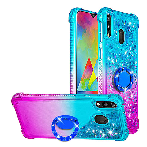 Silikon Hülle Handyhülle Gummi Schutzhülle Flexible Tasche Bling-Bling mit Fingerring Ständer S02 für Samsung Galaxy M20 Hellblau