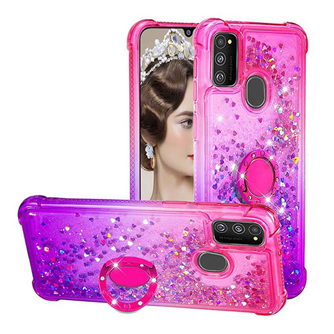 Silikon Hülle Handyhülle Gummi Schutzhülle Flexible Tasche Bling-Bling mit Fingerring Ständer S02 für Samsung Galaxy M21 Pink