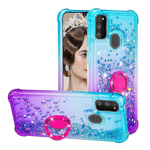 Silikon Hülle Handyhülle Gummi Schutzhülle Flexible Tasche Bling-Bling mit Fingerring Ständer S02 für Samsung Galaxy M30s Hellblau