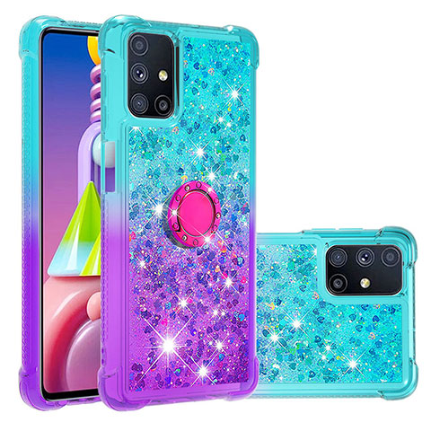 Silikon Hülle Handyhülle Gummi Schutzhülle Flexible Tasche Bling-Bling mit Fingerring Ständer S02 für Samsung Galaxy M51 Hellblau