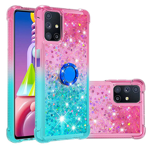 Silikon Hülle Handyhülle Gummi Schutzhülle Flexible Tasche Bling-Bling mit Fingerring Ständer S02 für Samsung Galaxy M51 Rosa