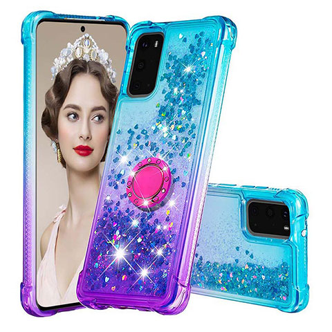 Silikon Hülle Handyhülle Gummi Schutzhülle Flexible Tasche Bling-Bling mit Fingerring Ständer S02 für Samsung Galaxy S20 Hellblau