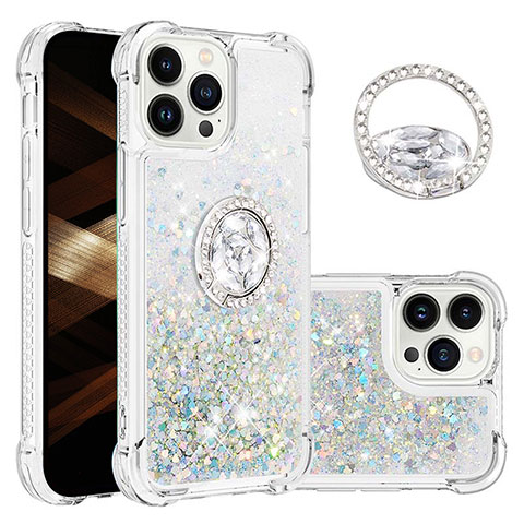 Silikon Hülle Handyhülle Gummi Schutzhülle Flexible Tasche Bling-Bling mit Fingerring Ständer S03 für Apple iPhone 13 Pro Max Hellblau