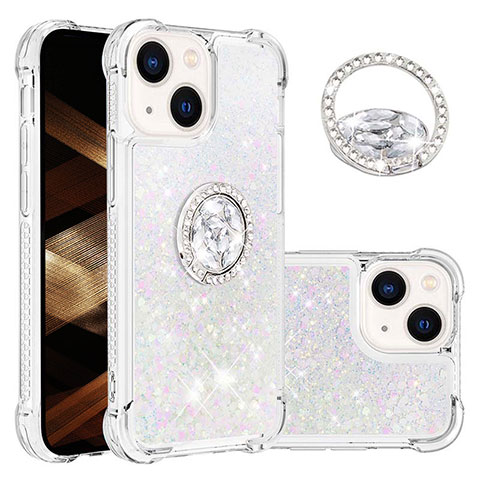 Silikon Hülle Handyhülle Gummi Schutzhülle Flexible Tasche Bling-Bling mit Fingerring Ständer S03 für Apple iPhone 13 Silber