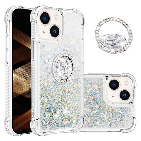 Silikon Hülle Handyhülle Gummi Schutzhülle Flexible Tasche Bling-Bling mit Fingerring Ständer S03 für Apple iPhone 14 Hellblau