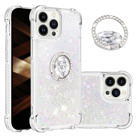 Silikon Hülle Handyhülle Gummi Schutzhülle Flexible Tasche Bling-Bling mit Fingerring Ständer S03 für Apple iPhone 14 Pro Silber