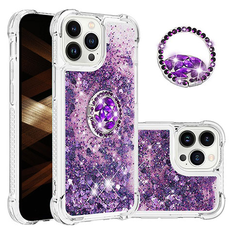 Silikon Hülle Handyhülle Gummi Schutzhülle Flexible Tasche Bling-Bling mit Fingerring Ständer S03 für Apple iPhone 16 Pro Max Violett