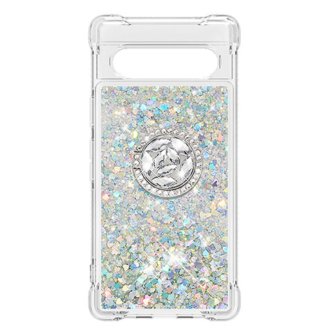 Silikon Hülle Handyhülle Gummi Schutzhülle Flexible Tasche Bling-Bling mit Fingerring Ständer S03 für Google Pixel 7a 5G Silber