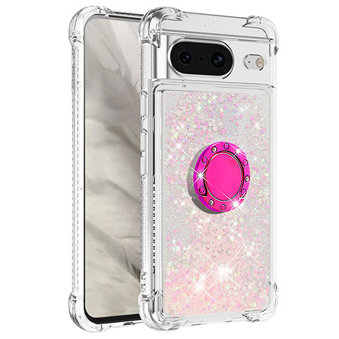 Silikon Hülle Handyhülle Gummi Schutzhülle Flexible Tasche Bling-Bling mit Fingerring Ständer S03 für Google Pixel 8 5G Rosa