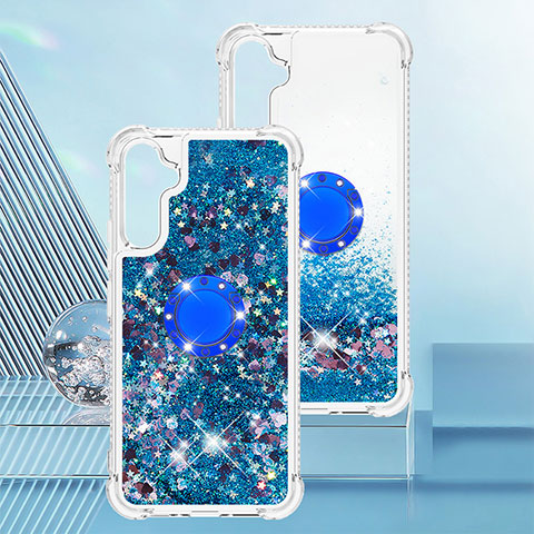 Silikon Hülle Handyhülle Gummi Schutzhülle Flexible Tasche Bling-Bling mit Fingerring Ständer YB1 für Samsung Galaxy A34 5G Blau