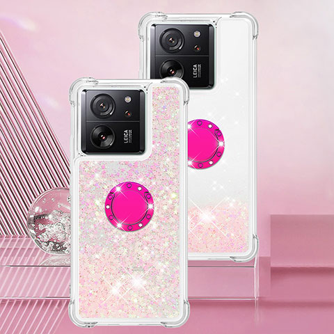 Silikon Hülle Handyhülle Gummi Schutzhülle Flexible Tasche Bling-Bling mit Fingerring Ständer YB1 für Xiaomi Mi 13T Pro 5G Rosa