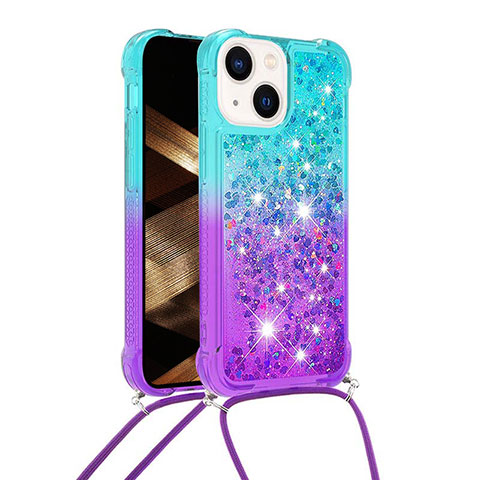 Silikon Hülle Handyhülle Gummi Schutzhülle Flexible Tasche Bling-Bling mit Schlüsselband Lanyard S01 für Apple iPhone 13 Hellblau