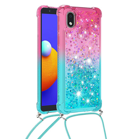 Silikon Hülle Handyhülle Gummi Schutzhülle Flexible Tasche Bling-Bling mit Schlüsselband Lanyard S01 für Samsung Galaxy A01 Core Rosa