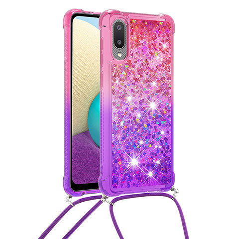 Silikon Hülle Handyhülle Gummi Schutzhülle Flexible Tasche Bling-Bling mit Schlüsselband Lanyard S01 für Samsung Galaxy A02 Rosa