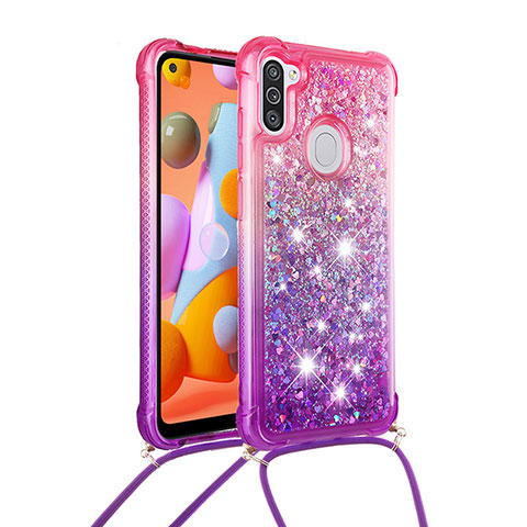 Silikon Hülle Handyhülle Gummi Schutzhülle Flexible Tasche Bling-Bling mit Schlüsselband Lanyard S01 für Samsung Galaxy A11 Pink