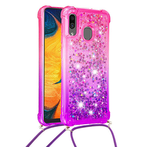 Silikon Hülle Handyhülle Gummi Schutzhülle Flexible Tasche Bling-Bling mit Schlüsselband Lanyard S01 für Samsung Galaxy A20 Pink