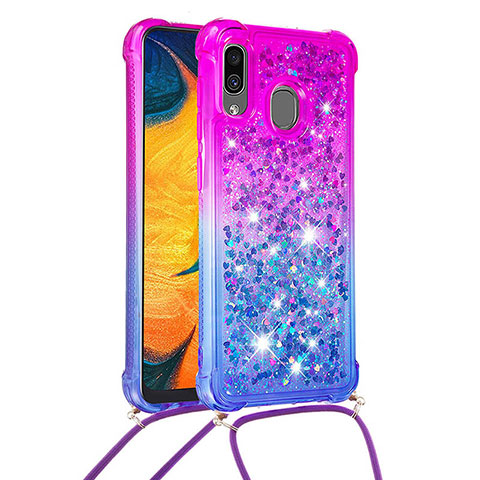 Silikon Hülle Handyhülle Gummi Schutzhülle Flexible Tasche Bling-Bling mit Schlüsselband Lanyard S01 für Samsung Galaxy A20 Violett