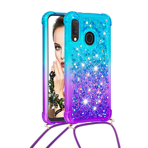 Silikon Hülle Handyhülle Gummi Schutzhülle Flexible Tasche Bling-Bling mit Schlüsselband Lanyard S01 für Samsung Galaxy A20e Hellblau