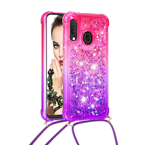 Silikon Hülle Handyhülle Gummi Schutzhülle Flexible Tasche Bling-Bling mit Schlüsselband Lanyard S01 für Samsung Galaxy A20e Pink