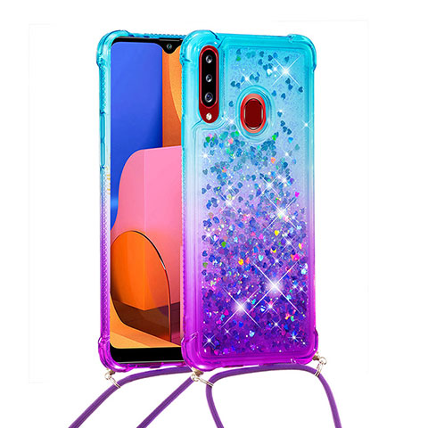 Silikon Hülle Handyhülle Gummi Schutzhülle Flexible Tasche Bling-Bling mit Schlüsselband Lanyard S01 für Samsung Galaxy A20s Hellblau