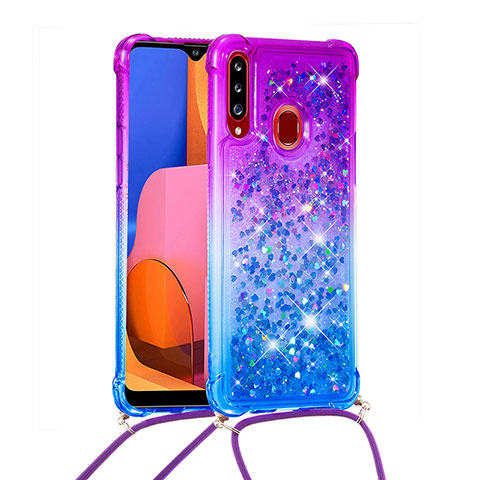 Silikon Hülle Handyhülle Gummi Schutzhülle Flexible Tasche Bling-Bling mit Schlüsselband Lanyard S01 für Samsung Galaxy A20s Violett