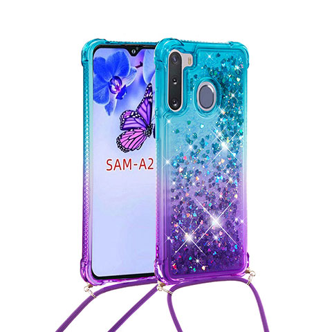 Silikon Hülle Handyhülle Gummi Schutzhülle Flexible Tasche Bling-Bling mit Schlüsselband Lanyard S01 für Samsung Galaxy A21 European Hellblau