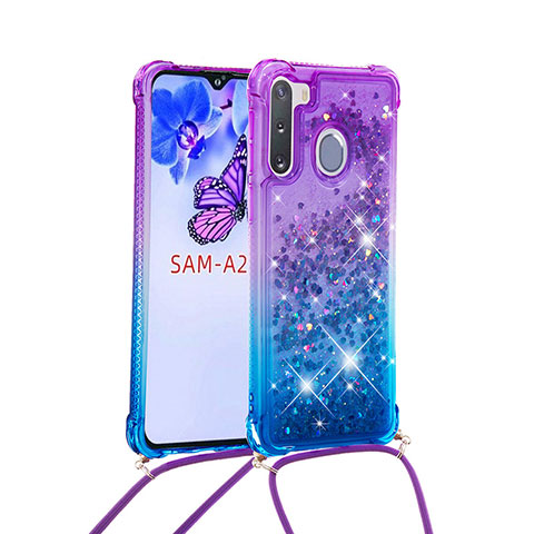 Silikon Hülle Handyhülle Gummi Schutzhülle Flexible Tasche Bling-Bling mit Schlüsselband Lanyard S01 für Samsung Galaxy A21 European Violett