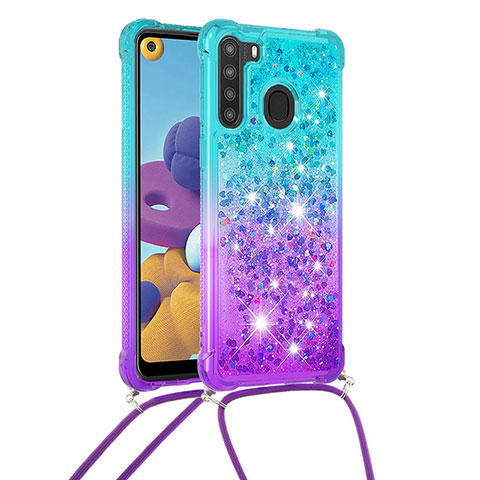 Silikon Hülle Handyhülle Gummi Schutzhülle Flexible Tasche Bling-Bling mit Schlüsselband Lanyard S01 für Samsung Galaxy A21 Hellblau